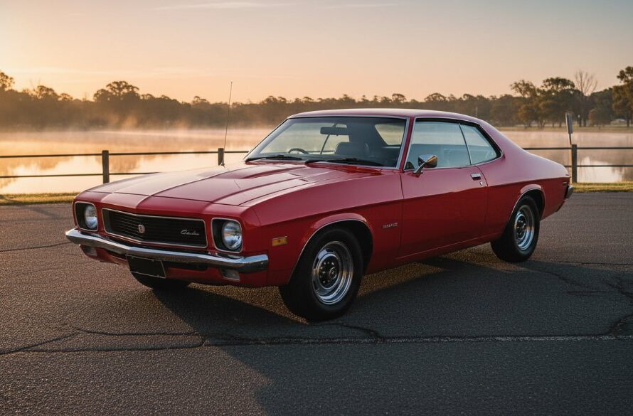 An epic, cinematic shot of a meticulously restored vintage muscle car, gleaming under the golden hour sun at sunset near Lake Guthridge, Sale, Victoria, with a hint of mist rising from the lake. The dramatic lighting perfectly highlights its chrome and curves, embodying the spirit of Capturing Classic Car Photography Sale Victoria.