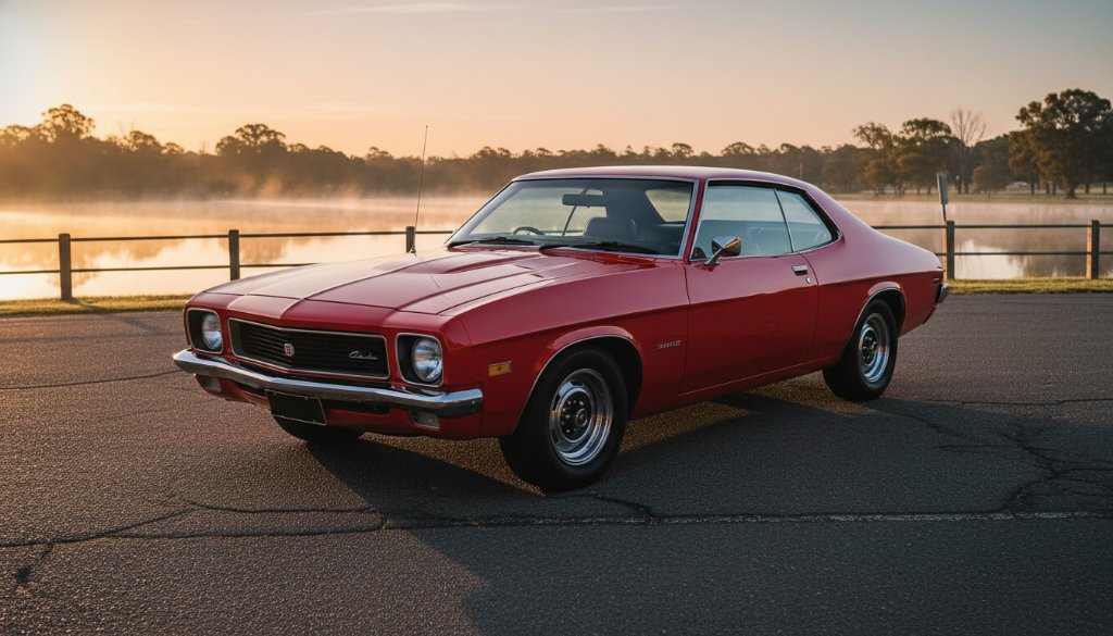An epic, cinematic shot of a meticulously restored vintage muscle car, gleaming under the golden hour sun at sunset near Lake Guthridge, Sale, Victoria, with a hint of mist rising from the lake. The dramatic lighting perfectly highlights its chrome and curves, embodying the spirit of Capturing Classic Car Photography Sale Victoria.