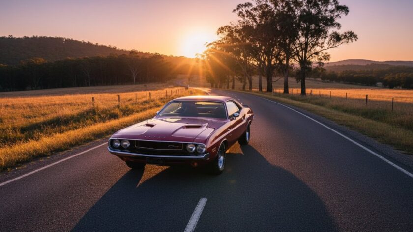 Dramatic low-angle shot of a meticulously restored vintage muscle car, gleaming under the golden hour light in the Gisborne countryside, embodying the essence of Capturing Classic Car Photoshoots Gisborne Victoria.