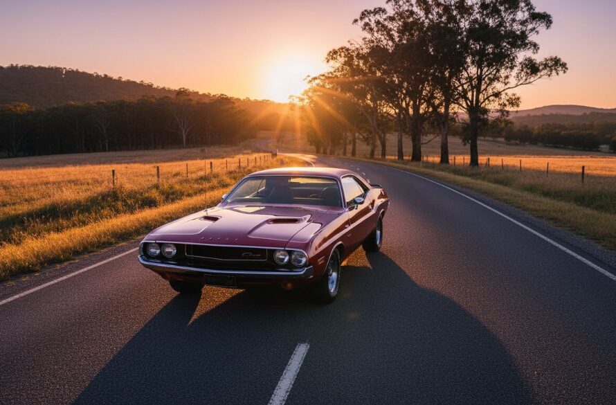 Dramatic low-angle shot of a meticulously restored vintage muscle car, gleaming under the golden hour light in the Gisborne countryside, embodying the essence of Capturing Classic Car Photoshoots Gisborne Victoria.