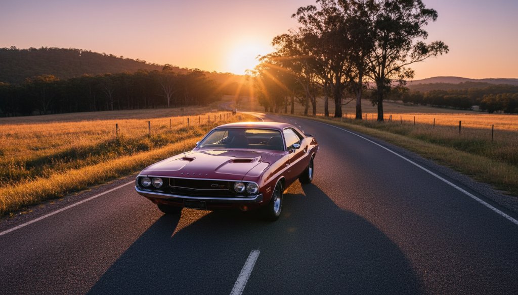 Dramatic low-angle shot of a meticulously restored vintage muscle car, gleaming under the golden hour light in the Gisborne countryside, embodying the essence of Capturing Classic Car Photoshoots Gisborne Victoria.