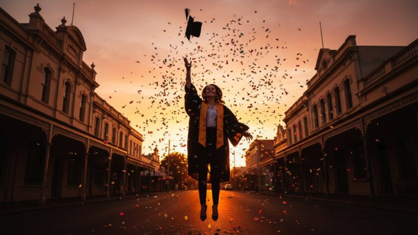 A proud graduate in their cap and gown, beaming with joy against the historic backdrop of Clunes, Victoria, capturing Clunes Victoria graduation day memories with a cinematic, golden hour glow, celebrating their academic achievement.