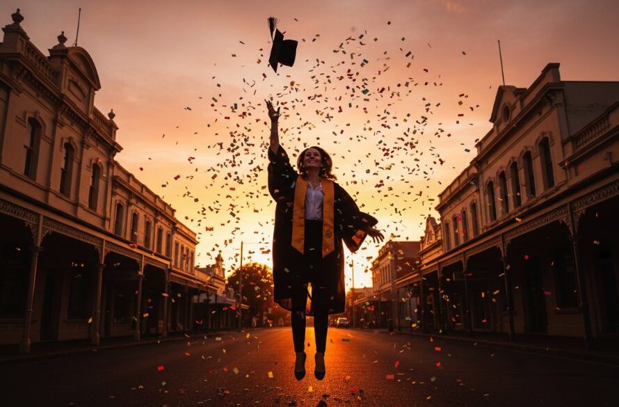 A proud graduate in their cap and gown, beaming with joy against the historic backdrop of Clunes, Victoria, capturing Clunes Victoria graduation day memories with a cinematic, golden hour glow, celebrating their academic achievement.