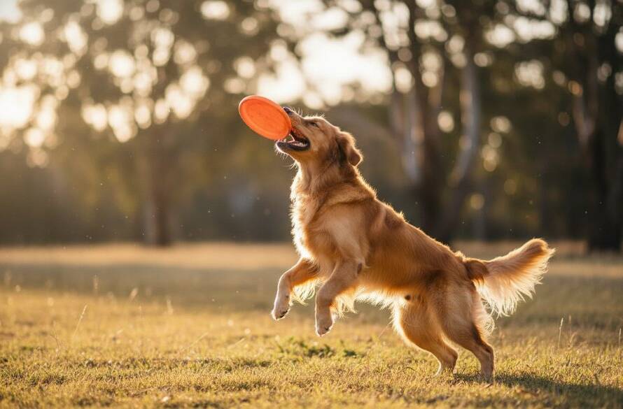 A heartwarming, professional photograph of a golden retriever joyfully leaping through a sun-dappled field in Clyde, Victoria, capturing Clyde Victoria pet photography joy, with a blurred natural bushland background and dramatic golden hour light.