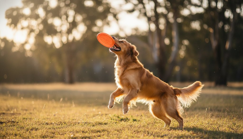A heartwarming, professional photograph of a golden retriever joyfully leaping through a sun-dappled field in Clyde, Victoria, capturing Clyde Victoria pet photography joy, with a blurred natural bushland background and dramatic golden hour light.