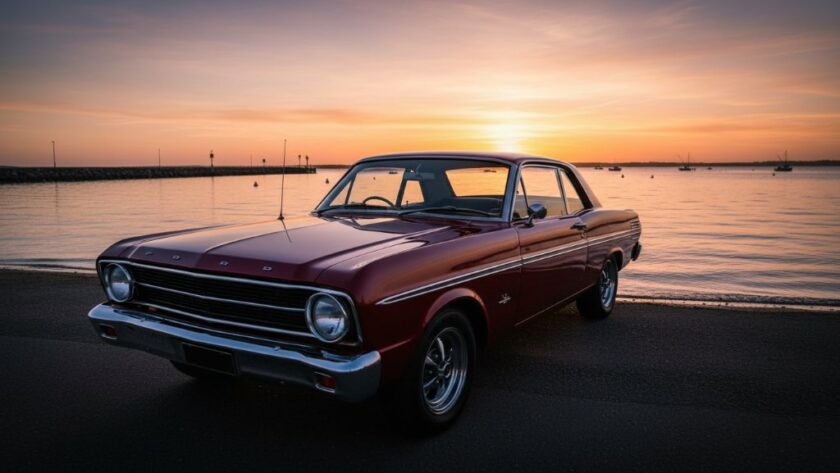 An epic moment of a classic muscle car, polished to a high sheen, parked dramatically on the foreshore of Lakes Entrance at sunset, with golden hour light glinting off its chrome and reflections of the tranquil Gippsland Lakes in the background, captured through expert coastal car culture Lakes Entrance photography.