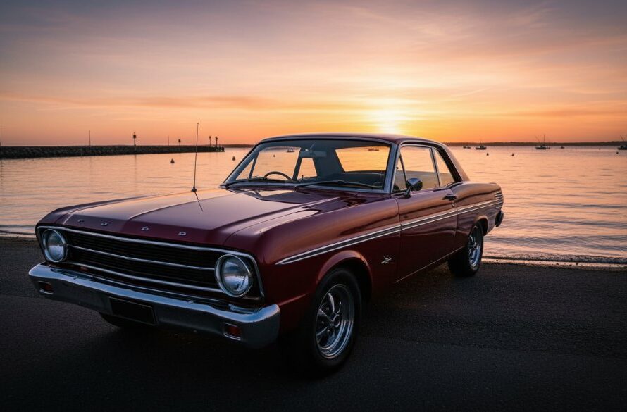 An epic moment of a classic muscle car, polished to a high sheen, parked dramatically on the foreshore of Lakes Entrance at sunset, with golden hour light glinting off its chrome and reflections of the tranquil Gippsland Lakes in the background, captured through expert coastal car culture Lakes Entrance photography.