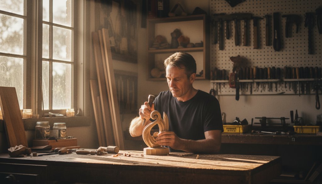 A wide-angle, cinematic photograph embodying the spirit of 'Capturing compelling editorial stories in Park Orchards Victoria', showing a local artisan intensely focused on their craft in a sun-drenched workshop, with dramatic natural light highlighting intricate details, set against the rustic charm of Park Orchards, Victoria.