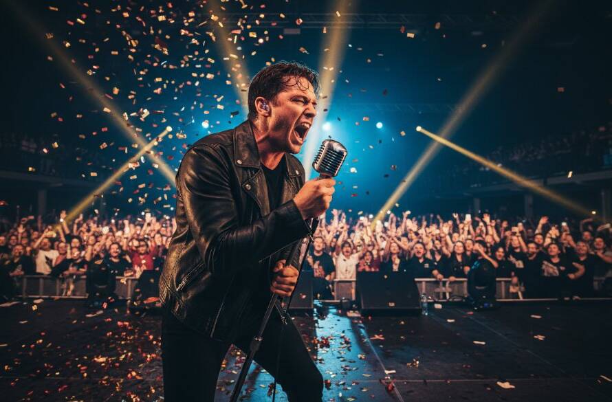 A wide-angle, dynamic shot of a lead guitarist mid-solo on stage in Cranbourne North, bathed in dramatic magenta and blue stage lights, capturing Cranbourne North Concert Photography Magic.