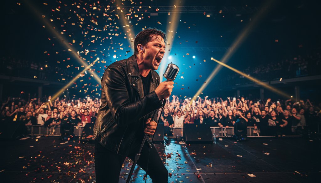 A wide-angle, dynamic shot of a lead guitarist mid-solo on stage in Cranbourne North, bathed in dramatic magenta and blue stage lights, capturing Cranbourne North Concert Photography Magic.