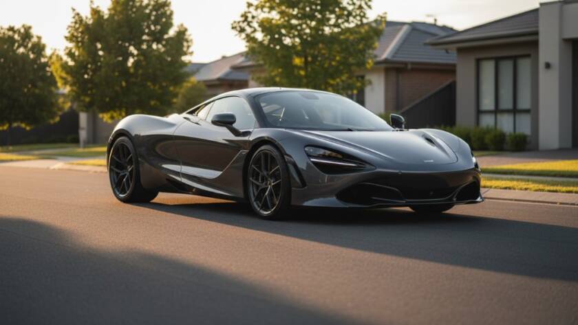 A sleek, dark luxury sports car, illuminated by the golden hour light, parked majestically on a quiet road in Cranbourne North, reflecting the vibrant sunset colours, expertly capturing Cranbourne North luxury car photography with a dynamic wide-angle lens.