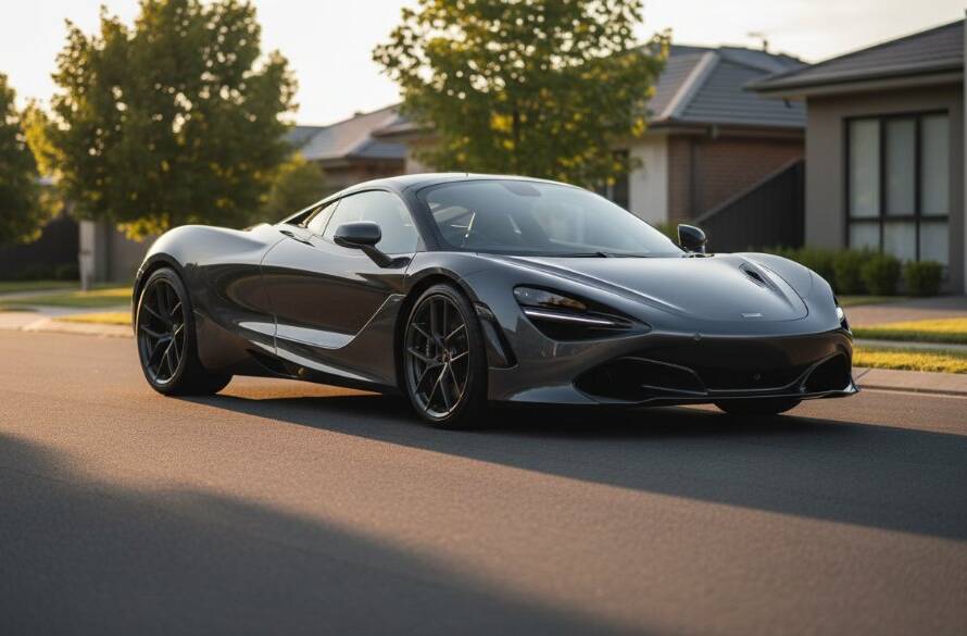 A sleek, dark luxury sports car, illuminated by the golden hour light, parked majestically on a quiet road in Cranbourne North, reflecting the vibrant sunset colours, expertly capturing Cranbourne North luxury car photography with a dynamic wide-angle lens.