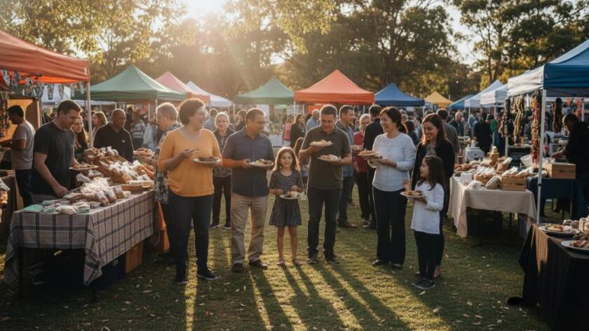 A wide-angle, cinematic shot of a bustling local market day in Cranbourne West, capturing Cranbourne West's vibrant community stories through editorial photography, with diverse residents laughing and interacting around colourful stalls under a warm, golden hour sun.