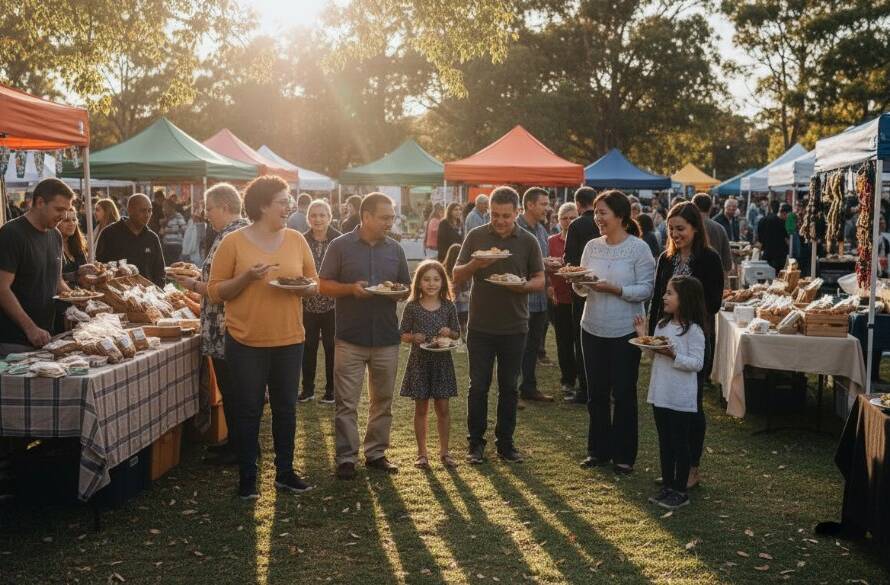 A wide-angle, cinematic shot of a bustling local market day in Cranbourne West, capturing Cranbourne West's vibrant community stories through editorial photography, with diverse residents laughing and interacting around colourful stalls under a warm, golden hour sun.