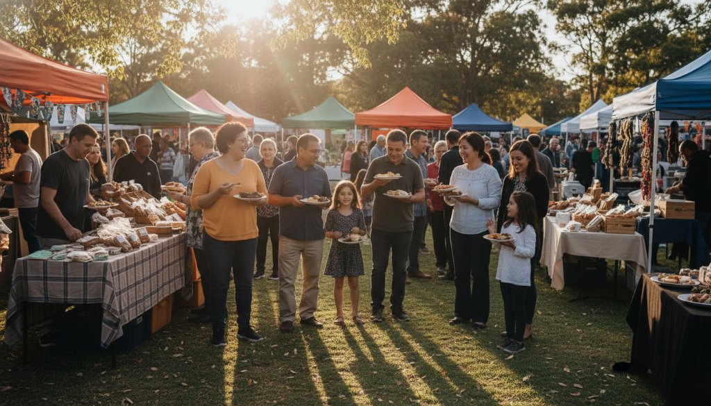 A wide-angle, cinematic shot of a bustling local market day in Cranbourne West, capturing Cranbourne West's vibrant community stories through editorial photography, with diverse residents laughing and interacting around colourful stalls under a warm, golden hour sun.
