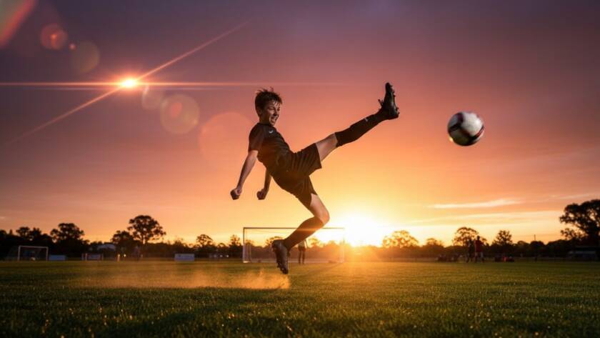 Dramatic wide-angle shot of a young athlete scoring a winning goal at a Cranbourne sporting field at sunset, capturing Cranbourne youth sports photography with dynamic motion blur and professional lighting.