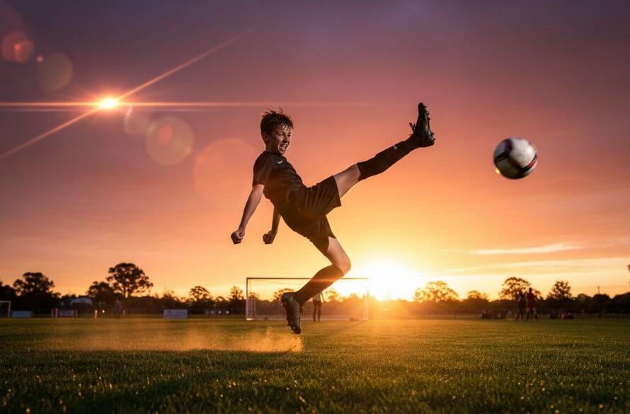 Dramatic wide-angle shot of a young athlete scoring a winning goal at a Cranbourne sporting field at sunset, capturing Cranbourne youth sports photography with dynamic motion blur and professional lighting.