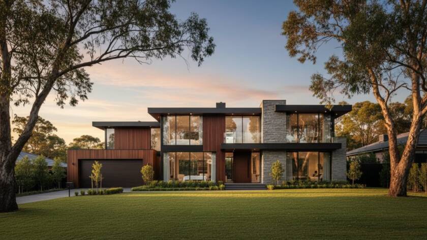 A dramatic, wide-angle shot at twilight, showcasing the modern architectural lines of a contemporary home nestled into the lush, rolling hills of Croydon Hills, Victoria. The golden hour light casts long shadows and highlights the texture of the materials, with warm interior lights glowing, embodying the essence of 'Capturing Croydon Hills architectural beauty' in a serene, professional photograph.