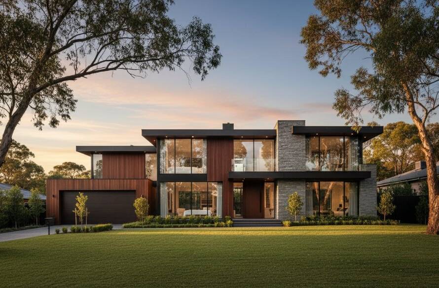 A dramatic, wide-angle shot at twilight, showcasing the modern architectural lines of a contemporary home nestled into the lush, rolling hills of Croydon Hills, Victoria. The golden hour light casts long shadows and highlights the texture of the materials, with warm interior lights glowing, embodying the essence of 'Capturing Croydon Hills architectural beauty' in a serene, professional photograph.