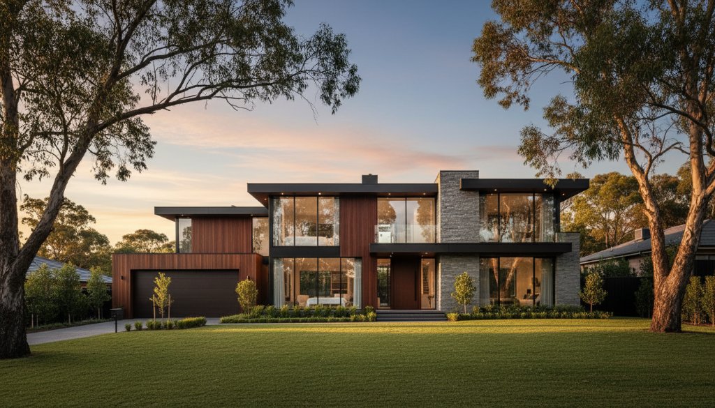 A dramatic, wide-angle shot at twilight, showcasing the modern architectural lines of a contemporary home nestled into the lush, rolling hills of Croydon Hills, Victoria. The golden hour light casts long shadows and highlights the texture of the materials, with warm interior lights glowing, embodying the essence of 'Capturing Croydon Hills architectural beauty' in a serene, professional photograph.
