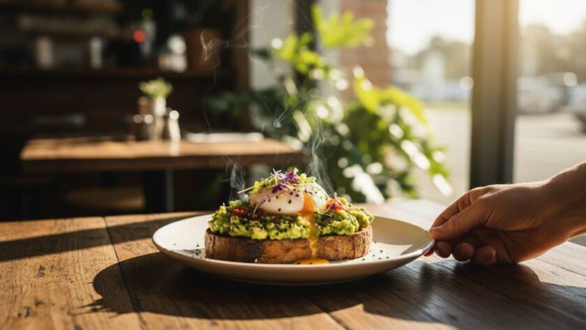 A vibrant, professionally styled shot of a gourmet brunch plate from a Croydon Hills cafe, with steam rising delicately, expertly demonstrating 'Capturing Croydon Hills Cafe Food Photography Excellence', set against a soft natural light background, showcasing an epic moment of culinary artistry.