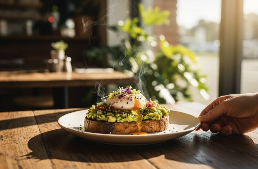 A vibrant, professionally styled shot of a gourmet brunch plate from a Croydon Hills cafe, with steam rising delicately, expertly demonstrating 'Capturing Croydon Hills Cafe Food Photography Excellence', set against a soft natural light background, showcasing an epic moment of culinary artistry.