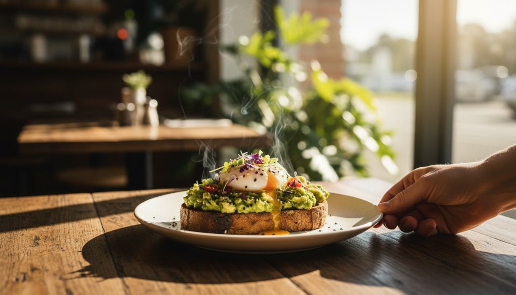 A vibrant, professionally styled shot of a gourmet brunch plate from a Croydon Hills cafe, with steam rising delicately, expertly demonstrating 'Capturing Croydon Hills Cafe Food Photography Excellence', set against a soft natural light background, showcasing an epic moment of culinary artistry.