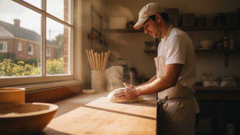Dramatic wide shot of a local small business owner in Croydon North, expertly showcasing their products with professional commercial photography, capturing Croydon North business success with commercial photography in a vibrant, sunlit studio setting.