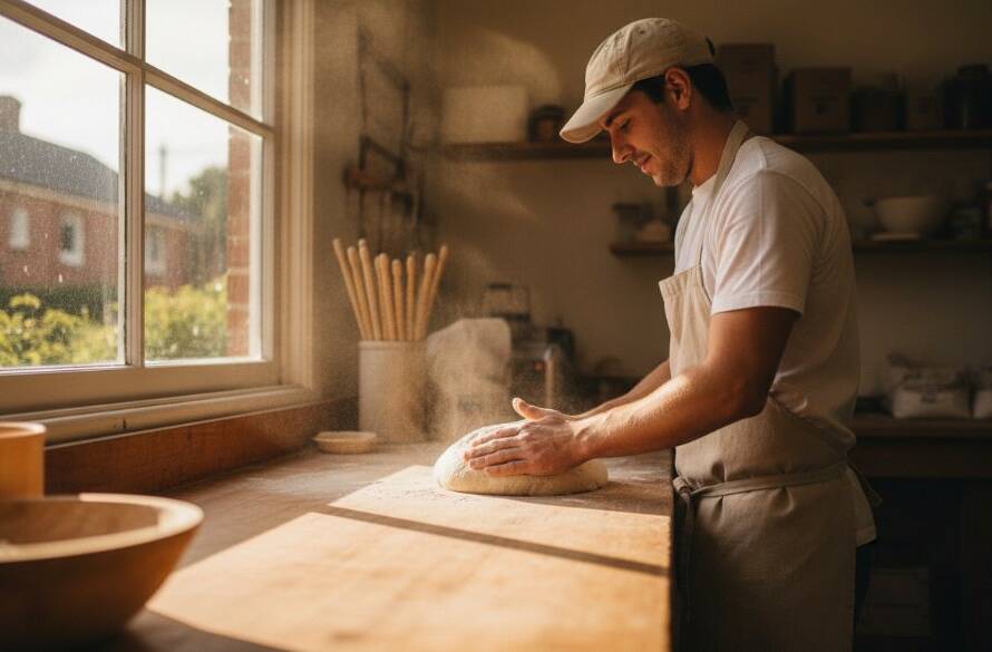 Dramatic wide shot of a local small business owner in Croydon North, expertly showcasing their products with professional commercial photography, capturing Croydon North business success with commercial photography in a vibrant, sunlit studio setting.