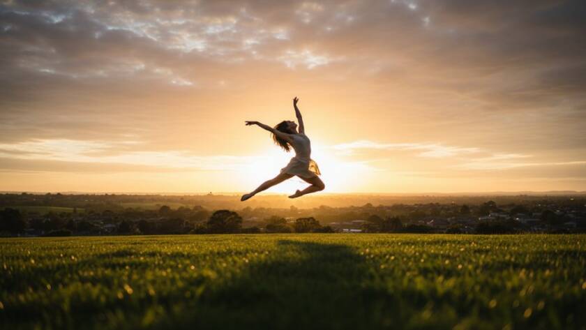 A dancer in mid-leap, silhouetted against a golden sunset over the Croydon North landscape, epitomizing the breathtaking Capturing Croydon North dance photography flair.
