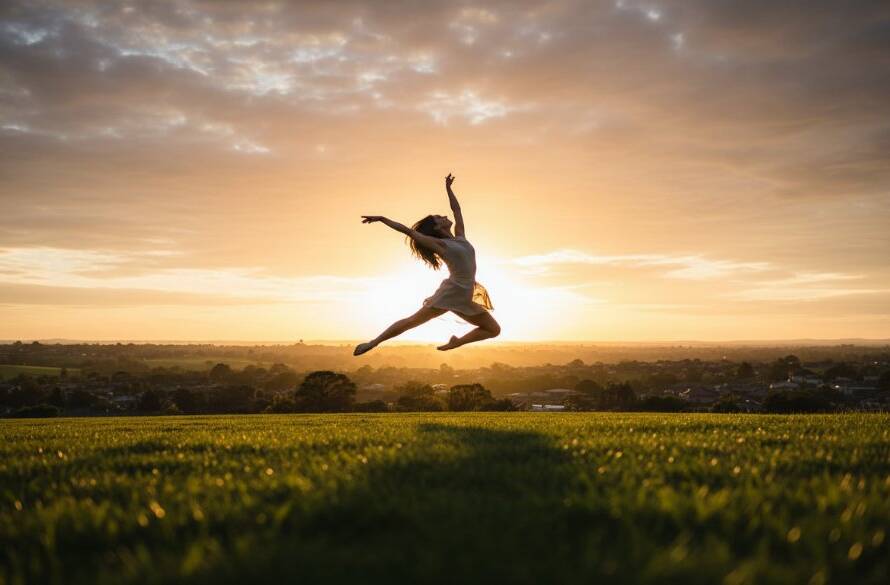 A dancer in mid-leap, silhouetted against a golden sunset over the Croydon North landscape, epitomizing the breathtaking Capturing Croydon North dance photography flair.