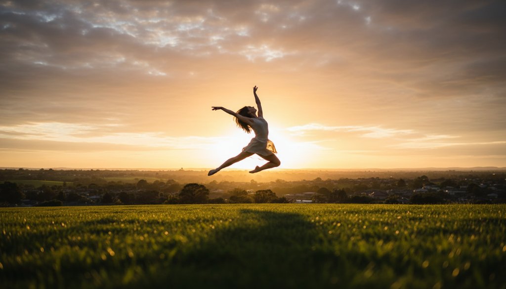 A dancer in mid-leap, silhouetted against a golden sunset over the Croydon North landscape, epitomizing the breathtaking Capturing Croydon North dance photography flair.