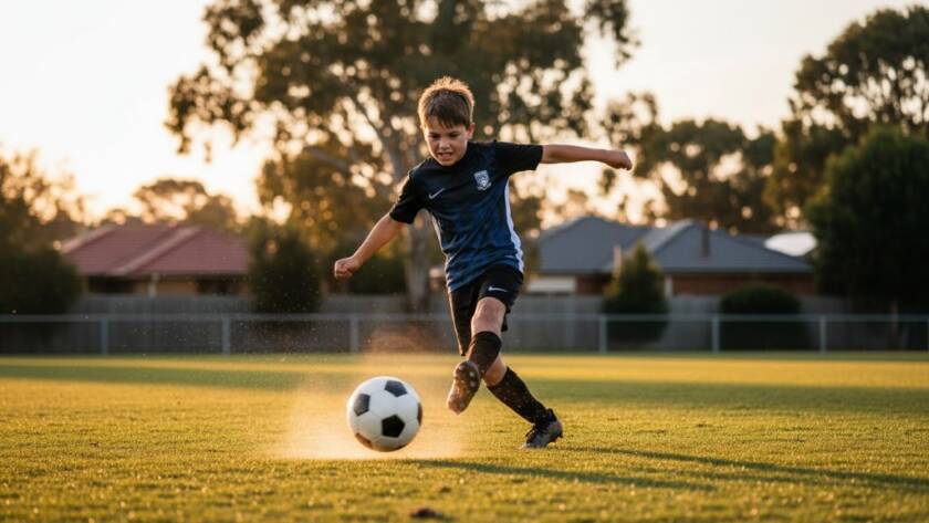 An intense, high-speed action shot of a junior soccer player in Croydon mid-kick, celebrating the capturing Croydon sports events photography dynamism with dramatic lighting.