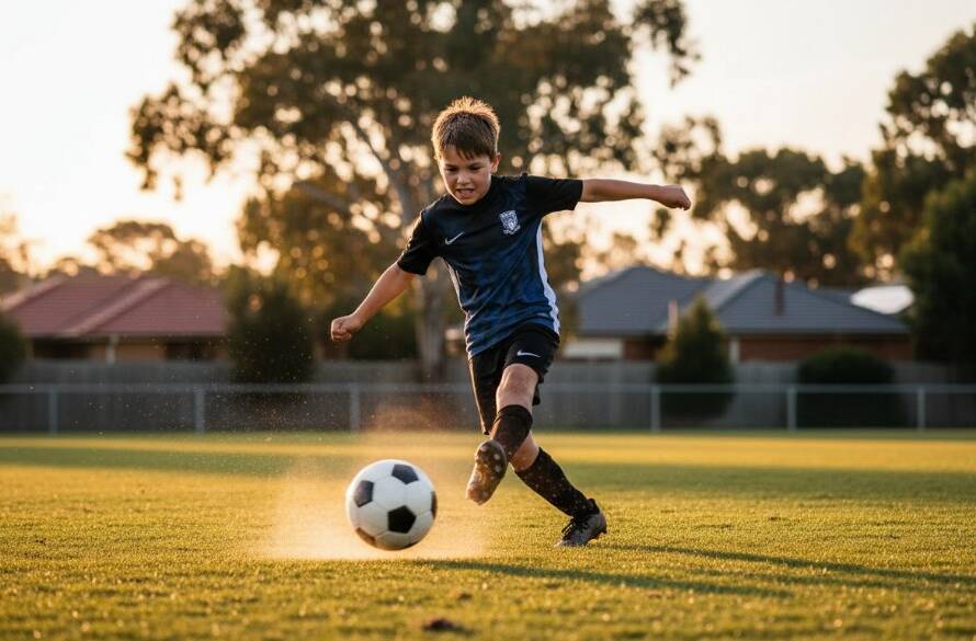An intense, high-speed action shot of a junior soccer player in Croydon mid-kick, celebrating the capturing Croydon sports events photography dynamism with dramatic lighting.
