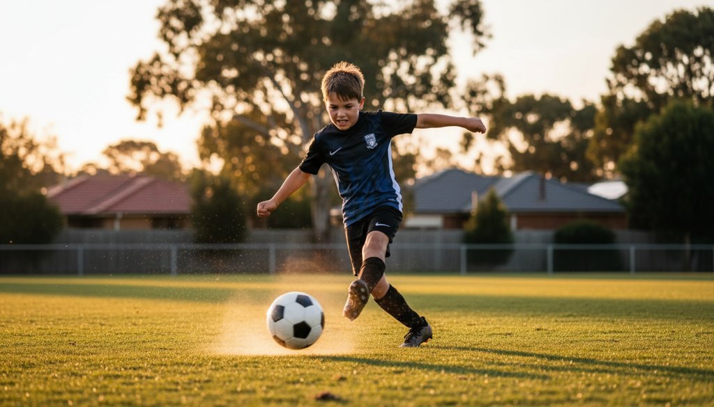 An intense, high-speed action shot of a junior soccer player in Croydon mid-kick, celebrating the capturing Croydon sports events photography dynamism with dramatic lighting.
