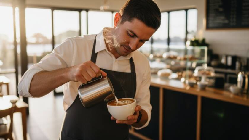 A stunning, dramatically lit photograph of a beautifully plated gourmet dish being expertly prepared in a modern Frankston South cafe kitchen, showcasing the dedication to capturing culinary art in Frankston South cafes with vibrant colours and rich textures.