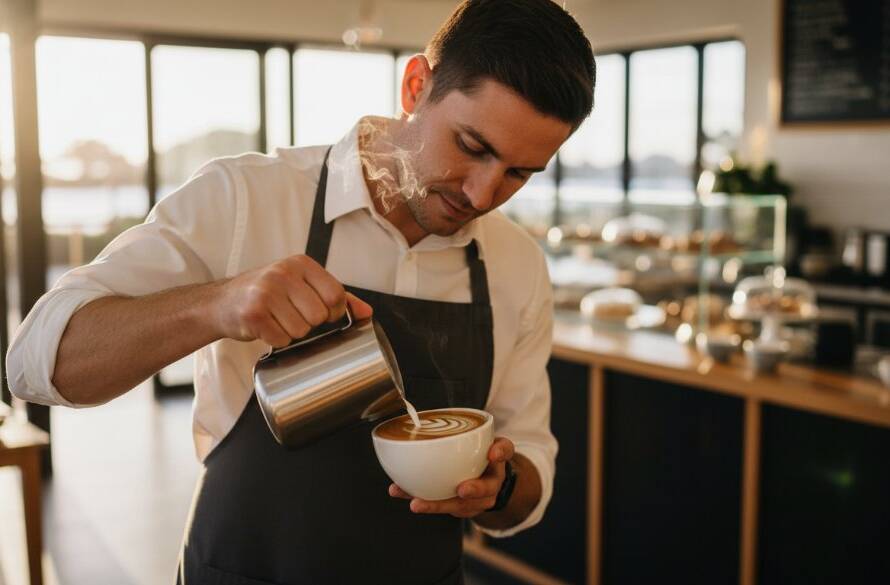 A stunning, dramatically lit photograph of a beautifully plated gourmet dish being expertly prepared in a modern Frankston South cafe kitchen, showcasing the dedication to capturing culinary art in Frankston South cafes with vibrant colours and rich textures.