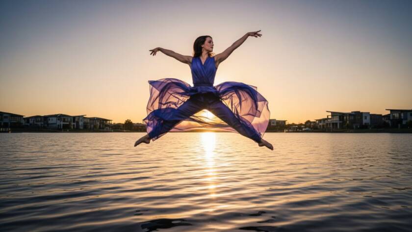 A powerful, dramatically lit photograph capturing dance artistry Caroline Springs VIC, showing a dancer mid-leap with incredible grace and energy against a blurred urban background at twilight.