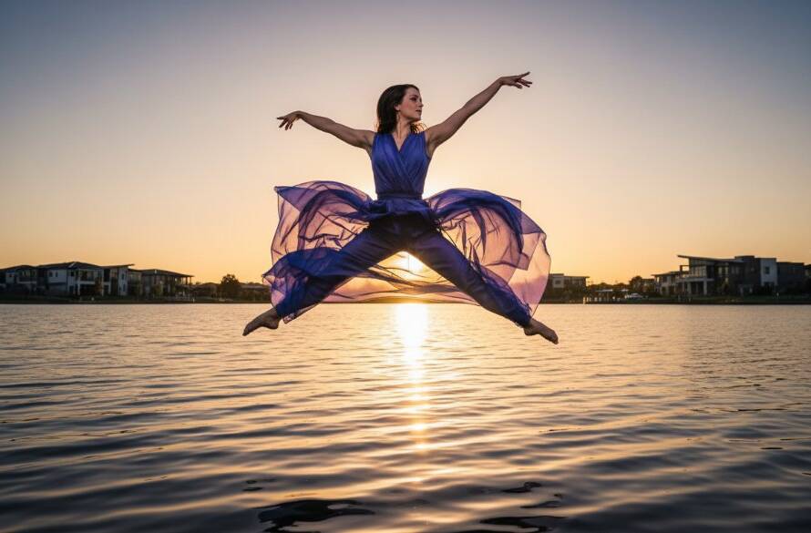 A powerful, dramatically lit photograph capturing dance artistry Caroline Springs VIC, showing a dancer mid-leap with incredible grace and energy against a blurred urban background at twilight.