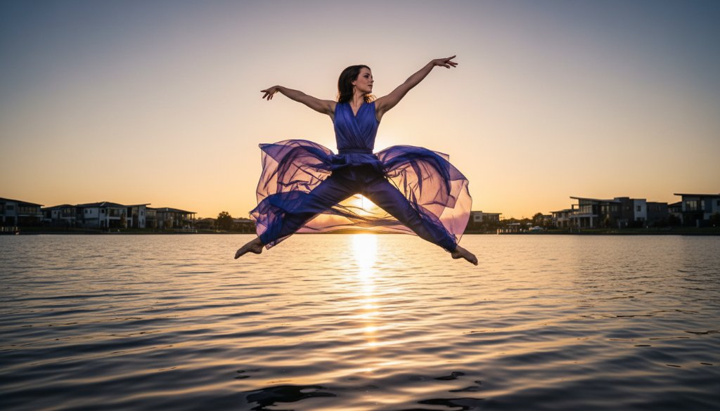 A powerful, dramatically lit photograph capturing dance artistry Caroline Springs VIC, showing a dancer mid-leap with incredible grace and energy against a blurred urban background at twilight.