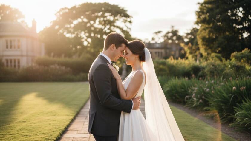 An epic, sun-drenched photograph of a newly married couple embracing in a lush Deepdene garden, perfectly encapsulating the Capturing Deepdene Wedding Photography Joy, with dramatic lens flare and bokeh.