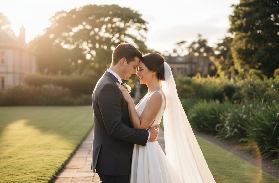 An epic, sun-drenched photograph of a newly married couple embracing in a lush Deepdene garden, perfectly encapsulating the Capturing Deepdene Wedding Photography Joy, with dramatic lens flare and bokeh.