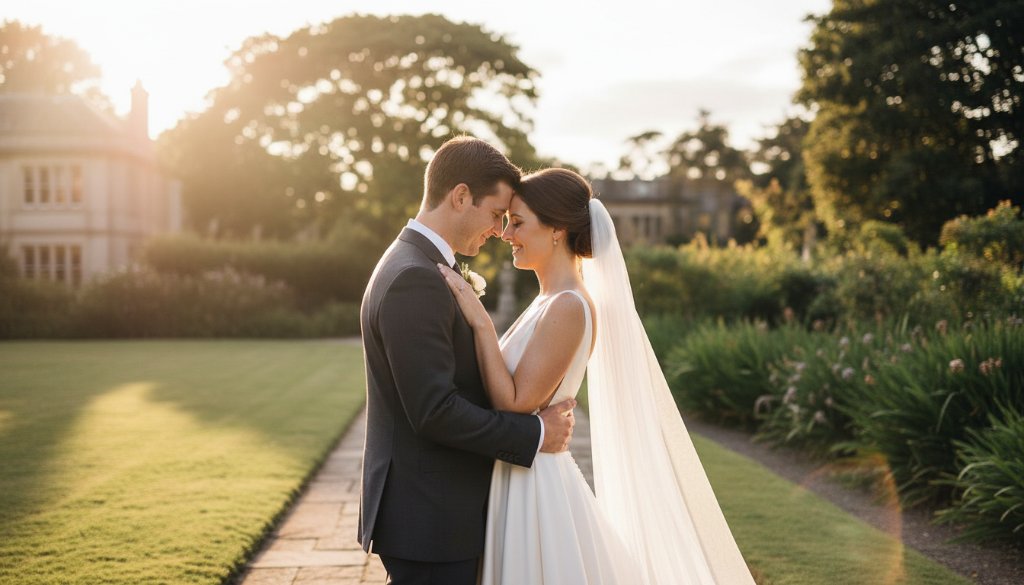 An epic, sun-drenched photograph of a newly married couple embracing in a lush Deepdene garden, perfectly encapsulating the Capturing Deepdene Wedding Photography Joy, with dramatic lens flare and bokeh.