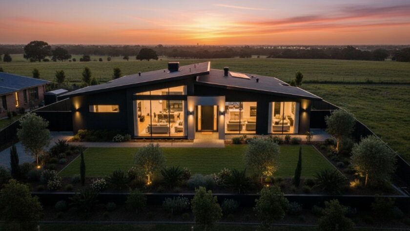 A drone shot at golden hour, gracefully capturing Delacombe's best with professional real estate photography, featuring a stunning modern home with manicured gardens, bathed in warm light, overlooking the vibrant Delacombe urban landscape. The composition is cinematic, showcasing luxury and lifestyle.
