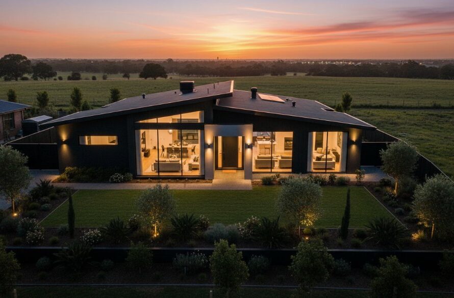 A drone shot at golden hour, gracefully capturing Delacombe's best with professional real estate photography, featuring a stunning modern home with manicured gardens, bathed in warm light, overlooking the vibrant Delacombe urban landscape. The composition is cinematic, showcasing luxury and lifestyle.