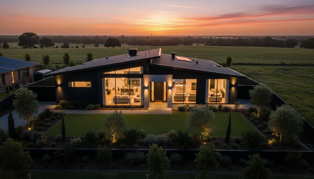 A drone shot at golden hour, gracefully capturing Delacombe's best with professional real estate photography, featuring a stunning modern home with manicured gardens, bathed in warm light, overlooking the vibrant Delacombe urban landscape. The composition is cinematic, showcasing luxury and lifestyle.
