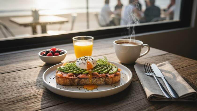 An exquisite overhead shot capturing delicious Chelsea food photography Victoria, featuring a perfectly plated gourmet brunch dish with vibrant colours and textures, dramatically lit by natural light streaming through a cafe window, with a professional camera lens slightly visible in the foreground, ready to capture the moment.
