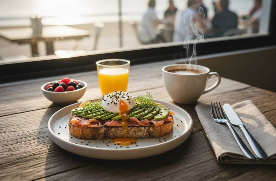 An exquisite overhead shot capturing delicious Chelsea food photography Victoria, featuring a perfectly plated gourmet brunch dish with vibrant colours and textures, dramatically lit by natural light streaming through a cafe window, with a professional camera lens slightly visible in the foreground, ready to capture the moment.