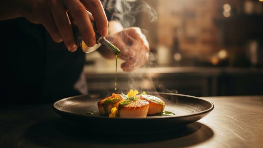 An extreme close-up shot capturing delicious Hoppers Crossing food photography, showing a chef dramatically pouring a vibrant sauce over a perfectly plated, steaming dish with strong backlighting, creating an epic moment of culinary artistry in a professional, colour-graded, cinematic style.