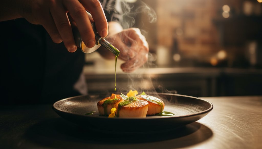 An extreme close-up shot capturing delicious Hoppers Crossing food photography, showing a chef dramatically pouring a vibrant sauce over a perfectly plated, steaming dish with strong backlighting, creating an epic moment of culinary artistry in a professional, colour-graded, cinematic style.
